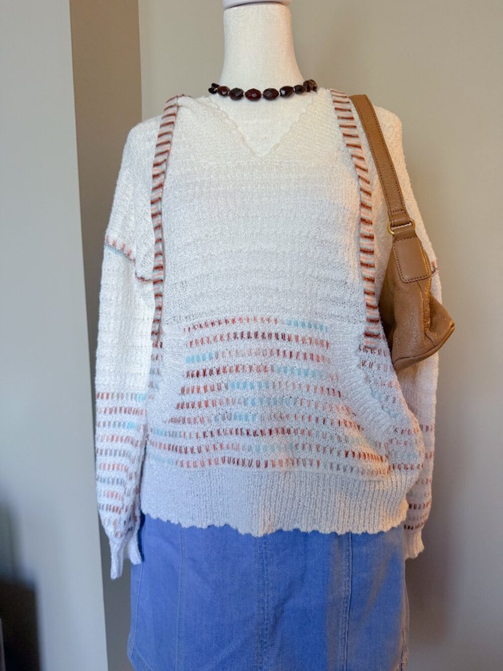 Democracy White & Colored Stripe Hooded V-Neck Sweater - Size S